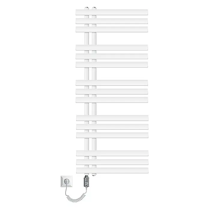 LuxeBath Elektro-Badheizkörper Design Handtuchheizkörper Handtuchwärmer Elektrisch mit Heizstab 900W - B x H: 50 x 120 cm - Elektrischer Handtuchwärmer in Weiß mit horizontalen Heizstäben und einem spiralförmigen Kabel zur Stromversorgung über eine Steckdose.