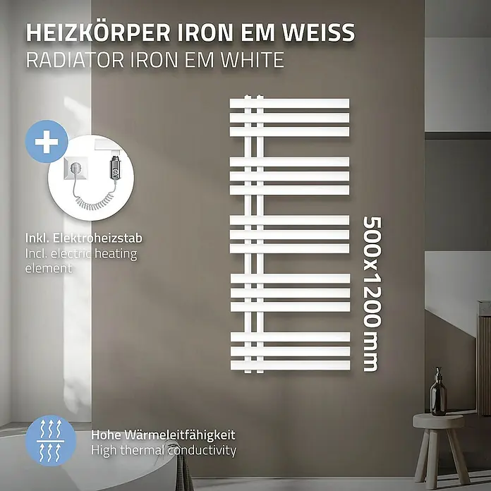 LuxeBath Elektro-Badheizkörper Design Handtuchheizkörper Handtuchwärmer Elektrisch mit Heizstab 900W - B x H: 50 x 120 cm - Heizkörper IRON EM WEISS. Der weiße Heizkörper IRON EM WEISS ist ein stilvolles und effizientes Heizgerät für Ihr Zuhause. Inklusive Elektroheizstab.