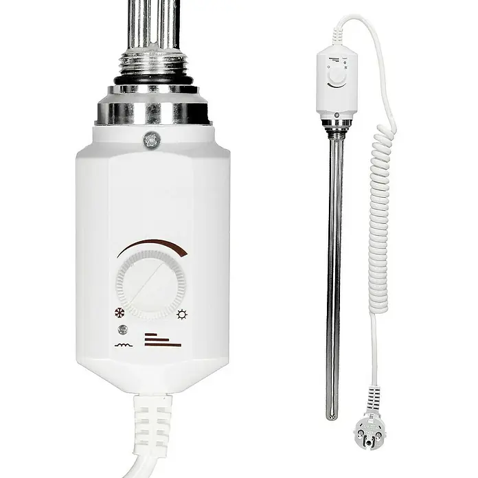 LuxeBath Elektro-Badheizkörper Handtuchwärmer Elektrisch Seitenanschluss mit Heizstab 900W gerade - B x H: 60 x 180 cm - Bild eines elektrischen Heizstabs mit Temperaturregler und Spiralkabel für Handtuchwärmer.