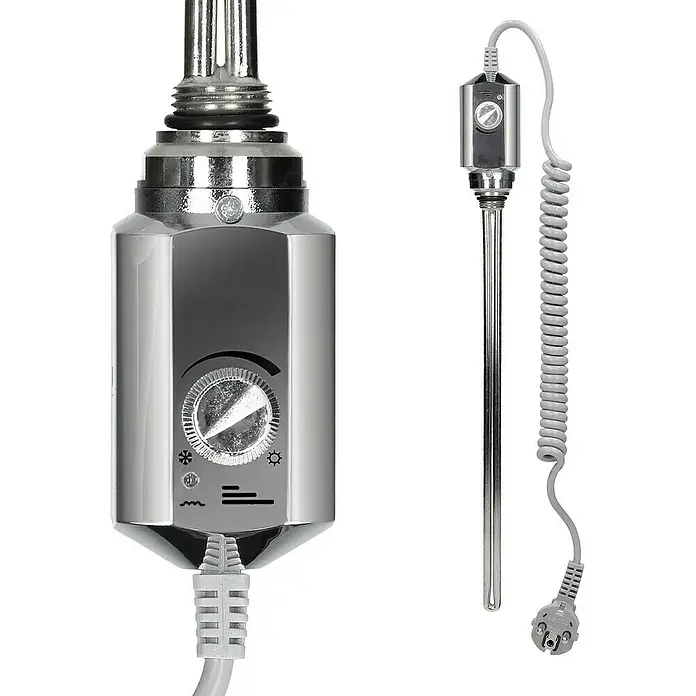 LuxeBath Elektro-Badheizkörper Handtuchwärmer Elektrisch Seitenanschluss mit Heizstab 1200W gebogen - B x H: 50 x 180 cm - Heizstab für Handtuchwärmer mit Temperaturregler. Das Gerät ist aus verchromtem Metall und verfügt über ein spiralförmiges Kabel.