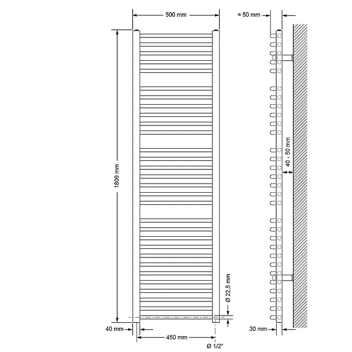 LuxeBath Elektro-Badheizkörper Handtuchwärmer Elektrisch Seitenanschluss mit Heizstab 1200W gebogen - B x H: 50 x 180 cm - Abbildung eines Heizkörpers mit Handtuchhalter, inklusive Maßangaben zu Höhe, Breite und Durchmesser.