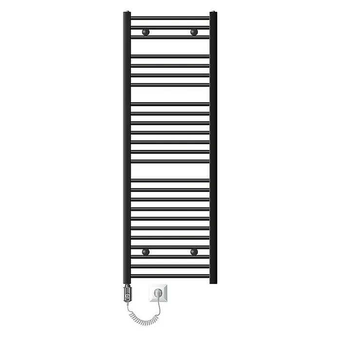 LuxeBath Elektro-Badheizkörper Handtuchwärmer Elektrisch Seitenanschluss mit Heizstab 900W gerade - B x H: 50 x 150 cm - Abbildung eines elektrischen Handtuchwärmers mit einem modernen, schwarzen Design, der Wärme und Stil in jedes Badezimmer bringt.