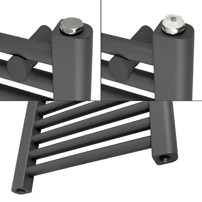 LuxeBath Elektro-Badheizkörper Handtuchwärmer Elektrisch Seitenanschluss mit Heizstab 900W gerade - B x H: 50 x 150 cm - Detailansicht eines anthrazitfarbenen Handtuchwärmers mit horizontalen Heizstäben und Endkappen.