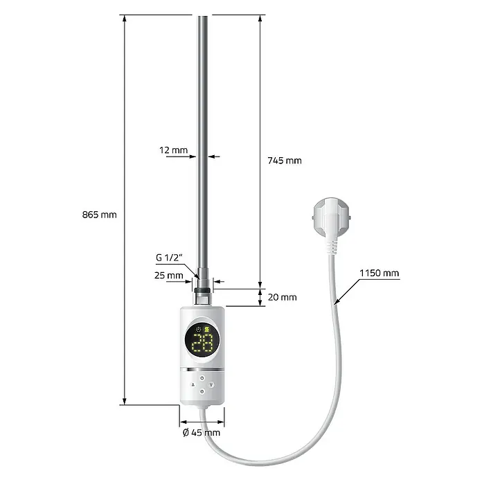 LuxeBath Elektro-Badheizkörper Handtuchheizkörper Sahara Seitenanschluss gerade mit Heizstab 1200W - B x H: 75 x 150 cm - Abbildung eines Heizstabs mit digitalen Bedienelementen und Maßangaben für die Installation, einschließlich Länge und Durchmesser.