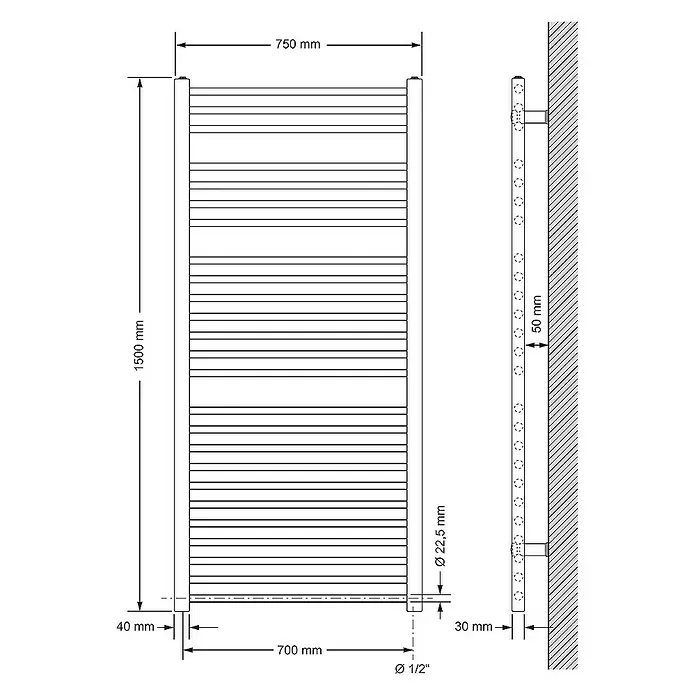 LuxeBath Elektro-Badheizkörper Handtuchheizkörper Sahara Seitenanschluss gerade mit Heizstab 1200W - B x H: 75 x 150 cm - Detailzeichnung eines Heizkörpers mit Maßangaben zu Höhe, Breite und Durchmesser, sowie Wandabstand und Anschluss.