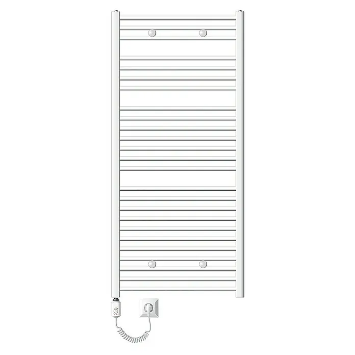 LuxeBath Elektro-Badheizkörper Handtuchheizkörper Sahara Seitenanschluss gerade mit Heizstab 1200W - B x H: 75 x 150 cm - Ein beheizter Handtuchhalter in Weiß, mit mehreren horizontalen Stangen. Die Heizelemente und der Stecker sind sichtbar.