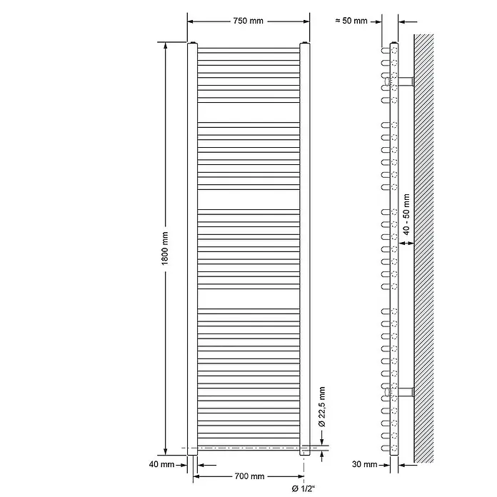 LuxeBath Elektro-Badheizkörper Designheizkörper Sahara Handtuchwärmer Handtuchtrockner - B x H: 75 x 180 cm - Technische Zeichnung eines Heizkörpers mit Maßangaben zu Höhe, Breite und Wandabstand.
