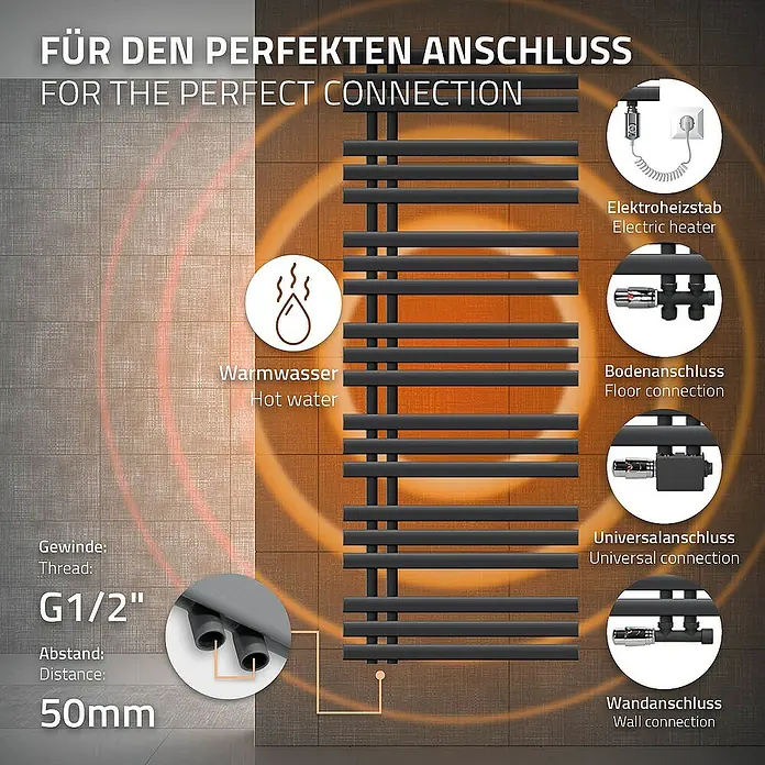 LuxeBath Elektro-Badheizkörper Design Handtuchheizkörper Handtuchwärmer Elektrisch mit Heizstab 900W - B x H: 60 x 160 cm - Bild eines schwarzen Heizkörpers mit verschiedenen Anschlussmöglichkeiten, geeignet für Bad oder Wohnraum.