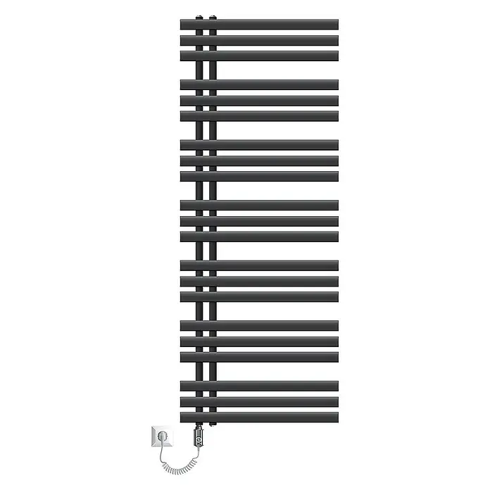 LuxeBath Elektro-Badheizkörper Design Handtuchheizkörper Handtuchwärmer Elektrisch mit Heizstab 900W - B x H: 60 x 160 cm - Moderner schwarzer Handtuchwärmer mit horizontalen Heizstäben und seitlichen vertikalen Stützen.