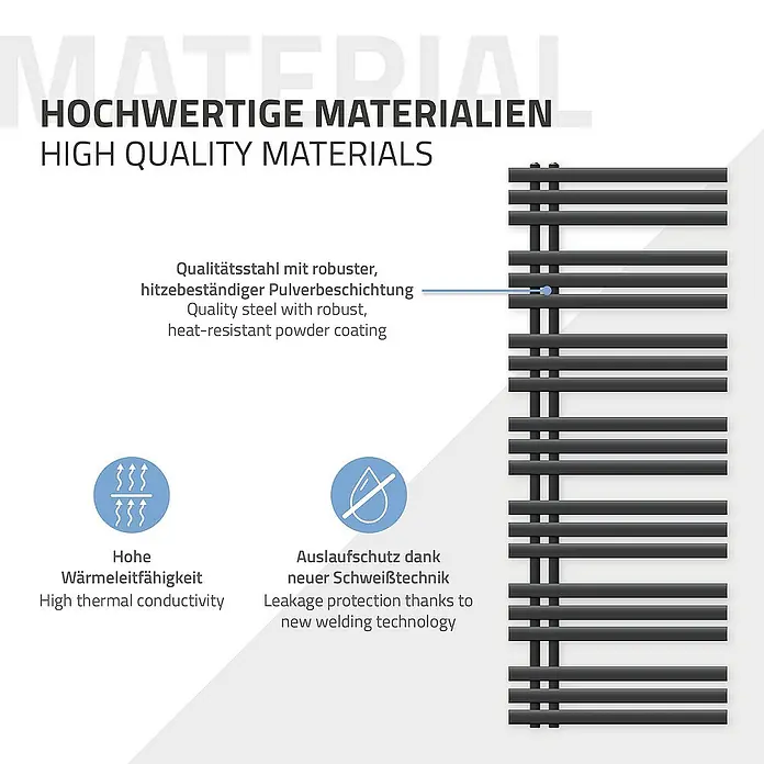 LuxeBath Elektro-Badheizkörper Design Handtuchheizkörper Handtuchwärmer Elektrisch mit Heizstab 900W - B x H: 60 x 160 cm - Bild eines Heizkörpers mit dem Hinweis auf hochwertige Materialien, Wärmeleitfähigkeit und Auslaufschutz.