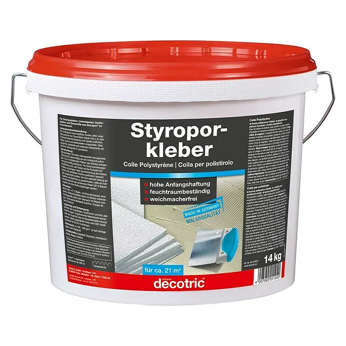 Decotric Polystyrolkleber - 14 kg, Gebrauchsfertig - Abbildung eines Eimers Styroporkleber der Marke Decotric, ideal zum Kleben von Deckenplatten und Zierprofilen im Innenbereich.
