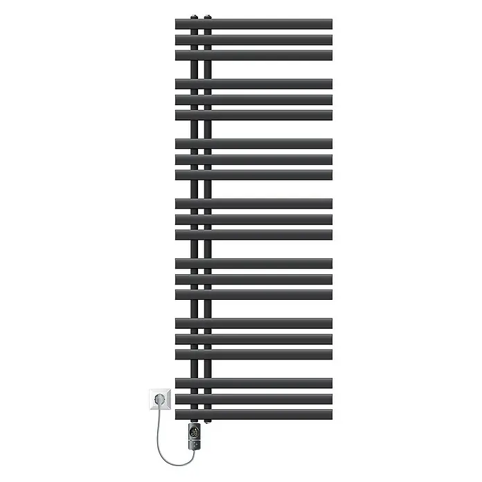 LuxeBath Elektro-Badheizkörper Design Handtuchheizkörper Handtuchwärmer Elektrisch mit Heizstab 1200W - B x H: 60 x 160 cm - Ein schlanker, schwarzer Handtuchwärmer mit horizontalen Stangen, der für moderne Badezimmer konzipiert ist und beheizte Handtücher bietet.