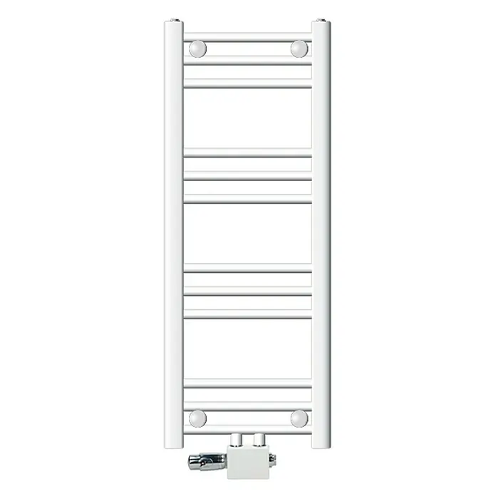 LuxeBath Badheizkörper Handtuchwärmer Mittelanschluss gerade mit Universal Thermostatventil - B x H: 30 x 80 cm, Weiß - Weißer Handtuchwärmer mit mehreren Heizstäben und seitlichen Befestigungen für das Badezimmer. Ein praktisches und stilvolles Badaccessoire.