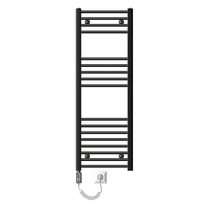 LuxeBath Elektro-Badheizkörper Handtuchheizkörper Sahara Seitenanschluss gerade mit Heizstab 900W - B x H: 40 x 120 cm - Ein schwarzer, elektrischer Handtuchwärmer mit waagerechten Stäben und einem spiralförmigen Kabel, das zu einer Steckdose führt.