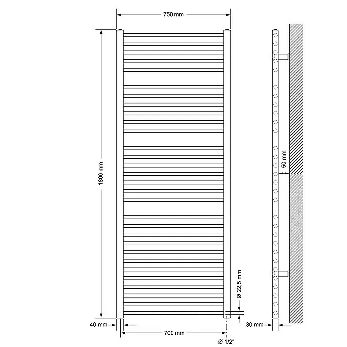 LuxeBath Elektro-Badheizkörper Designheizkörper Sahara Handtuchheizkörper Handtuchtrockner - B x H: 75 x 180 cm - Abbildung eines Heizkörpers mit den Maßen 1800 mm Höhe und 750 mm Breite, inklusive seitlicher Detailansicht zur Wandmontage.