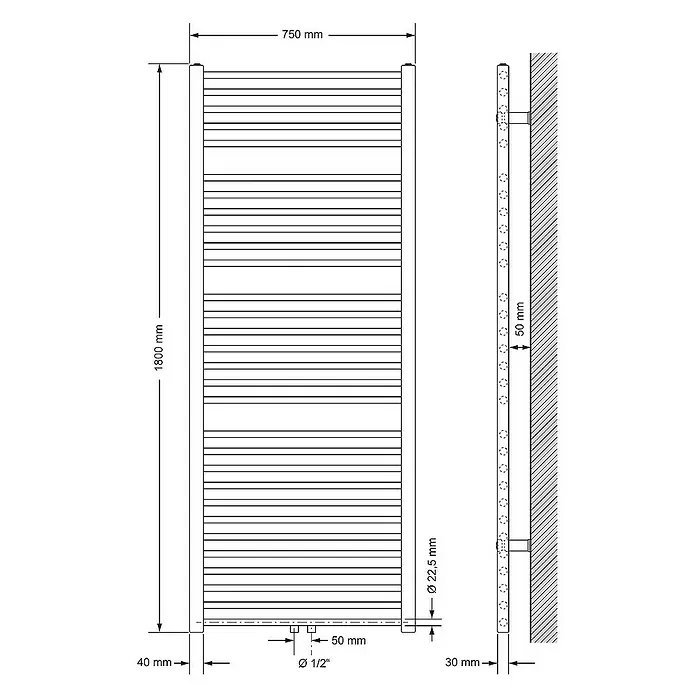 LuxeBath Badheizkörper Design Handtuchheizkörper Handtuchwärmer Mittelanschluss gerade 950 W - B x H: 75 x 180 cm, Weiß - Eine schematische Zeichnung eines Heizkörpers mit verschiedenen Maßangaben, die die Größe und die Anschlussdetails zeigen.