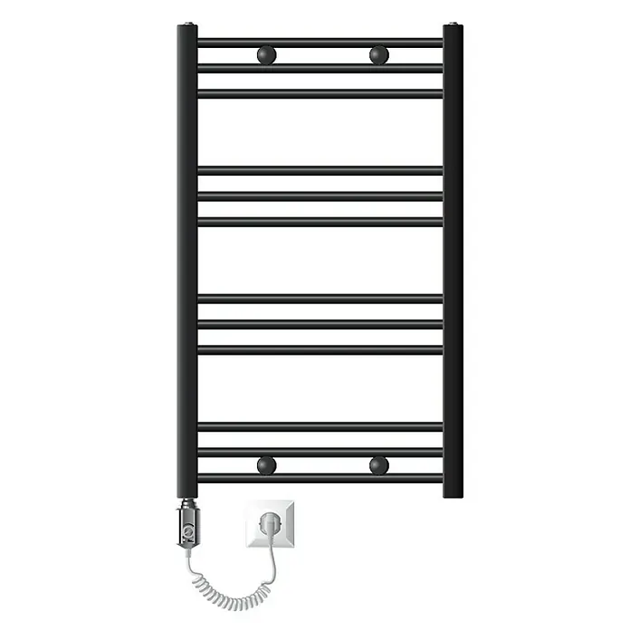 LuxeBath Elektro-Badheizkörper Handtuchwärmer Elektrisch Seitenanschluss mit Heizstab 600W gerade - B x H: 60 x 80 cm - Schwarzer, beheizter Handtuchhalter mit mehreren Stangen und einer Stromversorgung für ein warmes und komfortables Badezimmererlebnis.