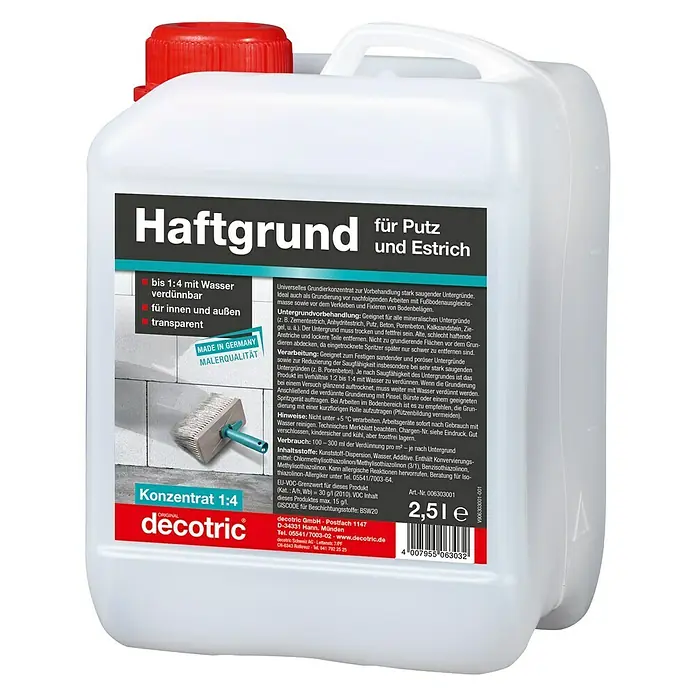 Decotric Putz- & Haftgrund - 2,5 l - Bild einer 2,51-Liter-Dose Decotric Haftgrund für Putz und Estrich, verdünnbar bis 1:4 mit Wasser, für Innen- und Außenbereiche.