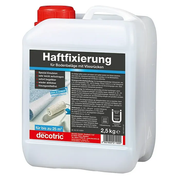 Decotric Haftfixierung - 2,5 kg - Haftfixierung für Bodenbeläge mit Vliesrücken von Decotric im weißen Kanister mit rotem Deckel. Spezial-Emulsion für bis zu 25 m².