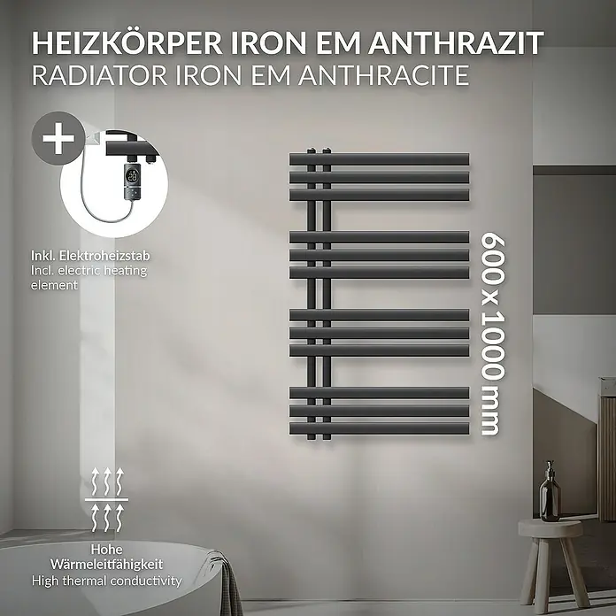 LuxeBath Elektro-Badheizkörper Design Handtuchheizkörper Handtuchwärmer Elektrisch mit Heizstab 600W - B x H: 60 x 100 cm - Abbildung eines Heizkörpers Iron EM Anthrazit mit elektrischem Heizstab und hoher Wärmeleitfähigkeit, Größe 600 x 1000 mm.
