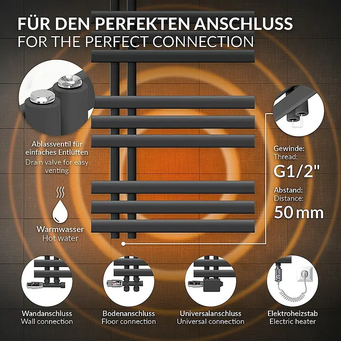 LuxeBath Elektro-Badheizkörper Design Handtuchheizkörper Handtuchwärmer Elektrisch mit Heizstab 600W - B x H: 60 x 100 cm - Abbildung eines schwarzen Handtuchwärmers mit detaillierten Informationen zu Anschlüssen und Entlüftung.