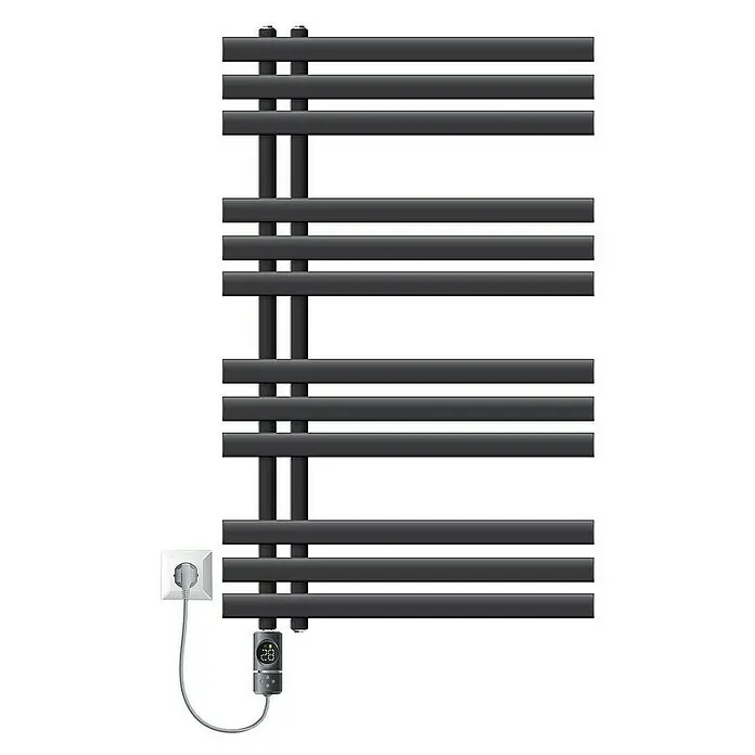 LuxeBath Elektro-Badheizkörper Design Handtuchheizkörper Handtuchwärmer Elektrisch mit Heizstab 600W - B x H: 60 x 100 cm - Schwarzer beheizter Handtuchhalter mit Thermostat und Stecker. Perfekt für moderne Badezimmer, um Handtücher warm und trocken zu halten.