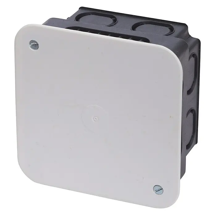 Abzweigkasten - 100 x 100 x 50 mm, Unterputz - Eine quadratische Abzweigdose mit einem weißen Deckel, befestigt mit zwei Schrauben, ideal für Elektroinstallationen und sichere Verbindungen.