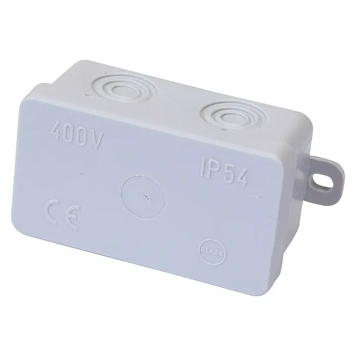 Feuchtraum-Abzweigdose - 75 x 37 x 40 mm, Aufputz, 1 Stk. - Eine weiße Abzweigdose aus Kunststoff mit der Aufschrift 400V, IP54 und CE, die für elektrische Installationen geeignet ist.