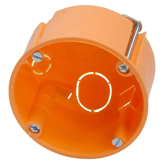 Hohlwanddose Normal - 35 x 68 mm, Orange, 1 Stk. - Eine orangefarbene Unterputzdose für Elektroinstallationen mit Schrauben und einer Metallbefestigung.