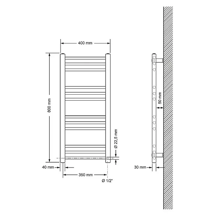 LuxeBath Elektro-Badheizkörper Designheizkörper Handtuchtrockner Handtuchheizkörper Handtuchheizung - B x H: 40 x 80 cm - Eine schematische Darstellung eines Handtuchwärmers mit Maßangaben zu Länge, Breite, Durchmesser und Wandabstand.
