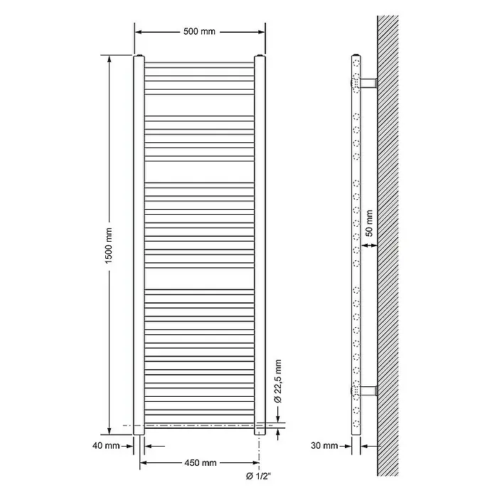 LuxeBath Badheizkörper Design Handtuchheizkörper Handtuchwärmer Seitenanschluss gerade 570 W - B x H: 50 x 150 cm, Anthrazit - Technische Zeichnung eines beheizten Handtuchhalters mit Maßangaben zu Höhe, Breite, Durchmesser und Wandabstand.