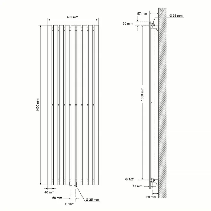 LuxeBath Badheizkörper Design Handtuchheizkörper Handtuchwärmer Mittelanschluss Radiator - B x H: 48 x 140 cm, Anthrazit - Eine schematische Darstellung eines Heizkörpers mit Maßangaben zu seiner Größe, Wandbefestigung und Anschlüssen.