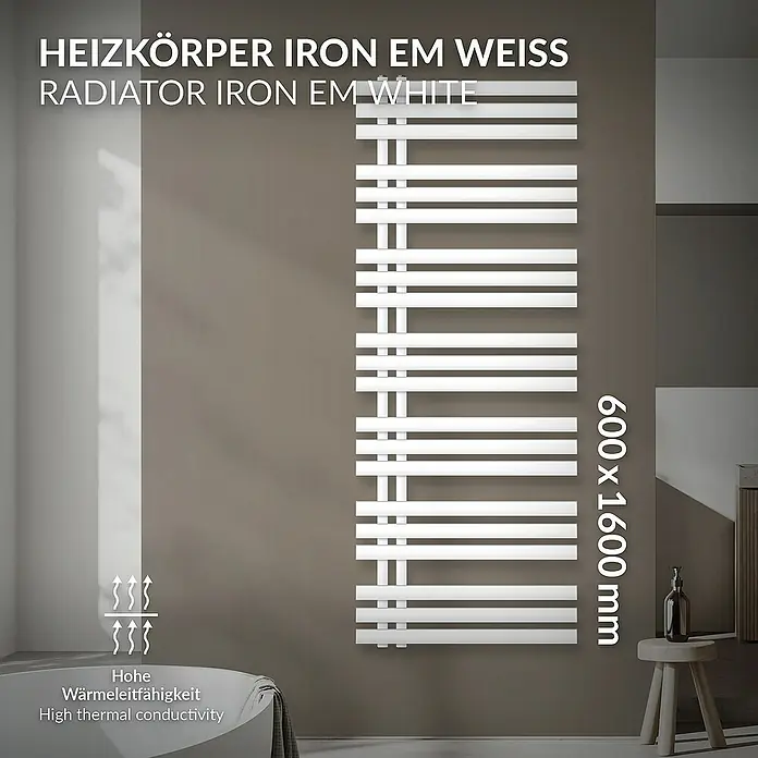 LuxeBath Badheizkörper Design Handtuchheizkörper Handtuchwärmer Mittelanschluss Radiator - B x H: 60 x 160 cm, Weiß - Produktbild eines Heizkörpers Iron EM Weiss, ein moderner, weißer Handtuchwärmer mit hoher Wärmeleitfähigkeit im Badezimmer.