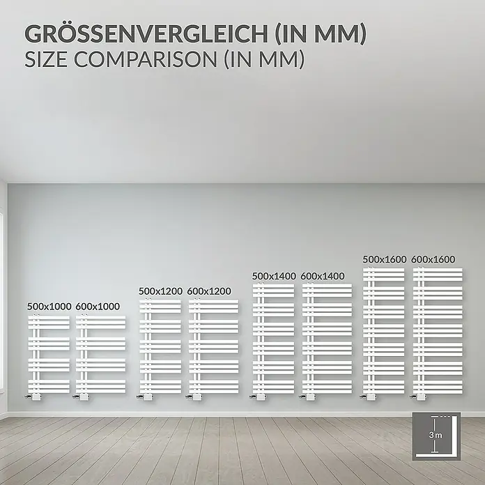 LuxeBath Badheizkörper Design Handtuchheizkörper Handtuchwärmer Mittelanschluss Radiator - B x H: 60 x 160 cm, Weiß - Größenvergleich von Handtuchwärmern in verschiedenen Größen (in mm) für Badezimmer.