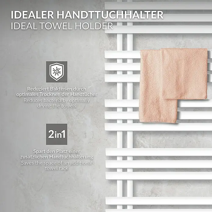 LuxeBath Badheizkörper Design Handtuchheizkörper Handtuchwärmer Mittelanschluss Radiator - B x H: 60 x 160 cm, Weiß - Bild eines weißen Handtuchhalters mit zwei Handtüchern, der Platz spart und Bakterien reduziert.