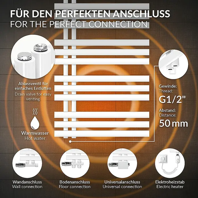 LuxeBath Badheizkörper Design Handtuchheizkörper Handtuchwärmer Mittelanschluss Radiator - B x H: 60 x 160 cm, Weiß - Produktbild eines Heizkörpers mit Details zu Anschlüssen, Entlüftung und technischen Spezifikationen wie Gewinde und Abstand.