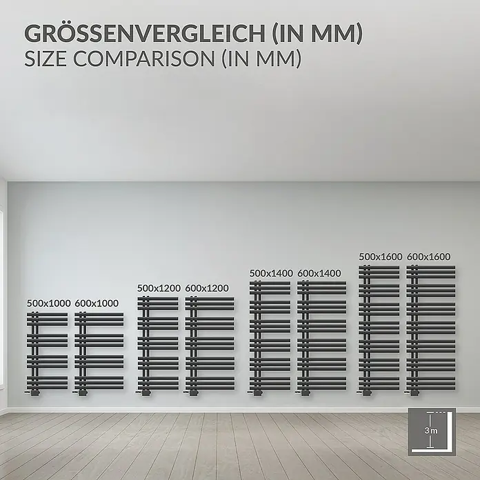 LuxeBath Badheizkörper Design Handtuchheizkörper Handtuchwärmer Mittelanschluss Radiator - B x H: 60 x 160 cm, Anthrazit - Größenvergleich von Heizkörpern in verschiedenen Größen (in mm) mit der Aufschrift "Grössenvergleich (in mm) Size Comparison (in mm)".
