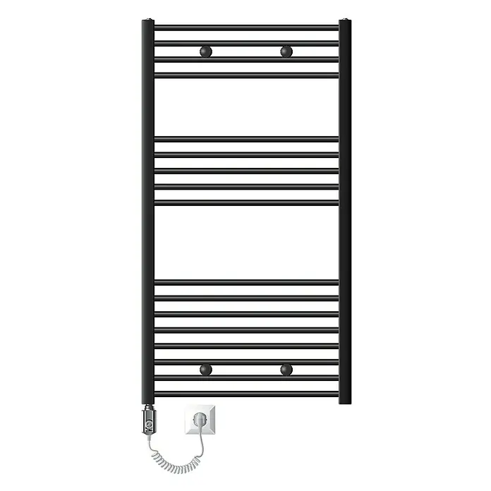 LuxeBath Elektro-Badheizkörper Handtuchheizkörper Sahara Seitenanschluss gerade mit Heizstab 900W - B x H: 75 x 120 cm - Schwarzer, elektrischer Handtuchwärmer mit horizontalen Stangen und integriertem Thermostat. Praktisch und stilvoll für jedes Badezimmer.
