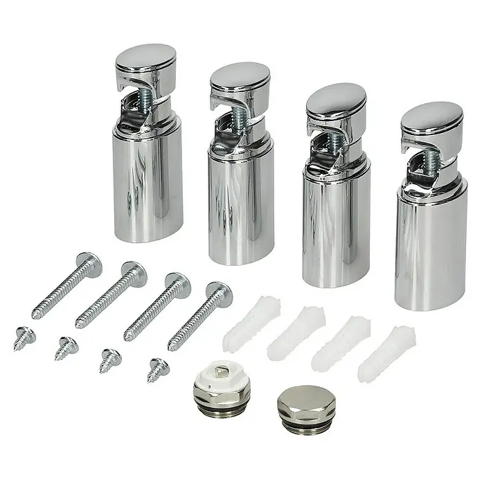 LuxeBath Badheizkörper Design Handtuchheizkörper Handtuchwärmer Seitenanschluss gerade 280 W - B x H: 40 x 120 cm, Chrom - Ein Set aus vier verchromten Heizkörperbefestigungen, Schrauben, Dübeln und Ventilkappen, ideal für die Installation oder Reparatur von Heizkörpern.