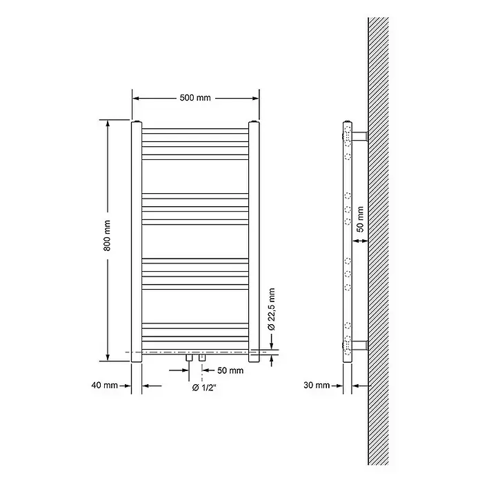 LuxeBath Badheizkörper Handtuchwärmer Mittelanschluss gerade mit Eckform Thermostatventil - B x H: 50 x 80 cm, Weiß - Eine schematische Darstellung eines Handtuchwärmers mit Maßangaben, inklusive Höhe, Breite und Durchmesser der Rohre.