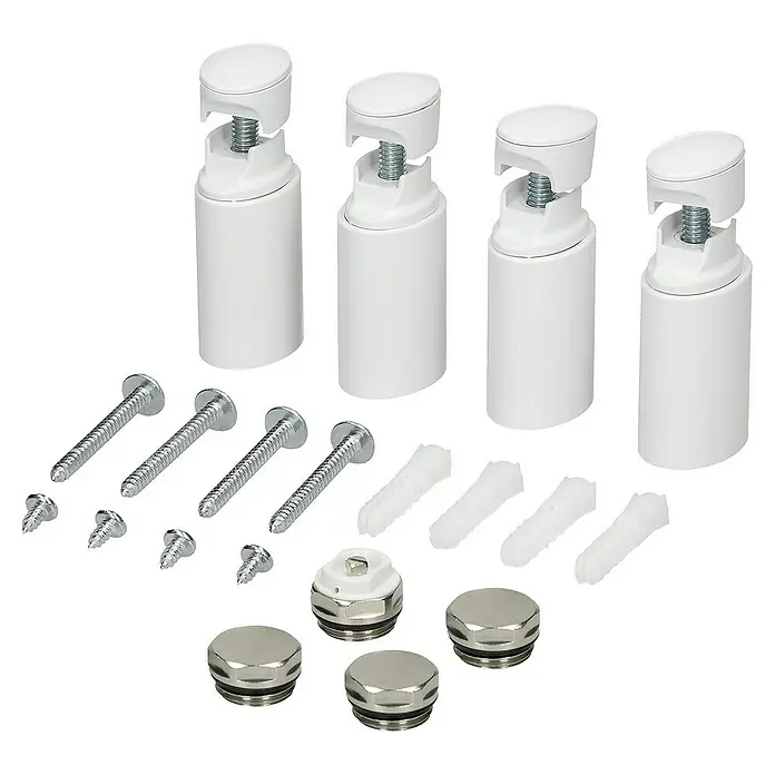 LuxeBath Badheizkörper Handtuchwärmer Mittelanschluss gerade mit Eckform Thermostatventil - B x H: 50 x 80 cm, Weiß - Ein Set bestehend aus vier weißen Heizkörperhalterungen, Schrauben, Dübeln und Abdeckungen, perfekt für die Montage und Installation von Heizkörpern.