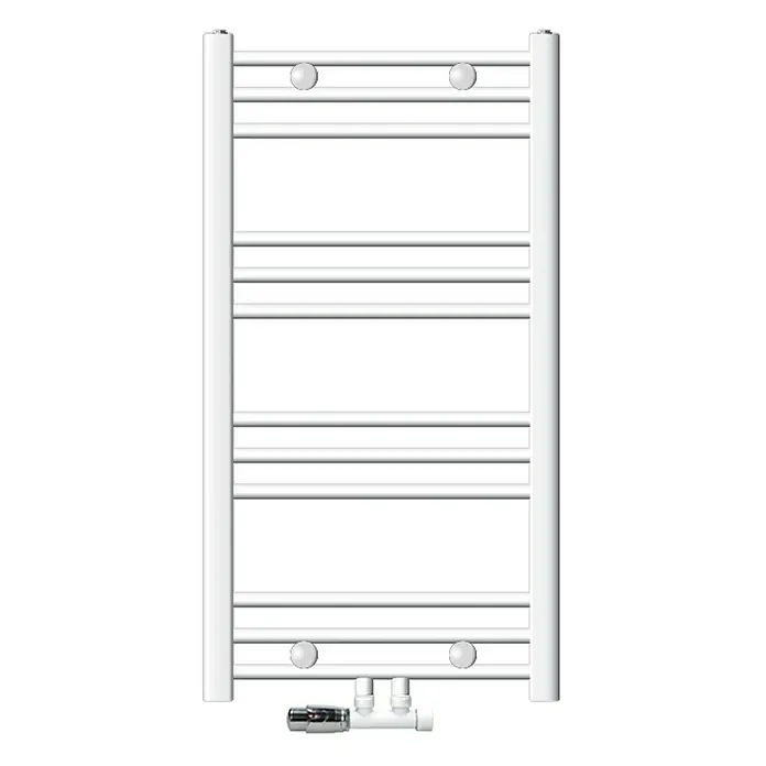 LuxeBath Badheizkörper Handtuchwärmer Mittelanschluss gerade mit Eckform Thermostatventil - B x H: 50 x 80 cm, Weiß - Weißer Handtuchwärmer mit horizontalen Stangen und Armaturen, ideal für Badezimmer und zum Trocknen von Handtüchern.