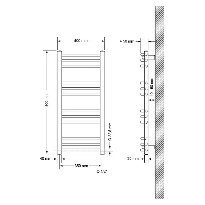 LuxeBath Elektro-Badheizkörper Handtuchheizkörper Sahara Seitenanschluss gebogen mit Heizstab 300W - B x H: 40 x 80 cm - Eine technische Zeichnung eines Handtuchwärmers mit Maßangaben wie Höhe (800 mm) und Breite (400 mm) zur Wandmontage.