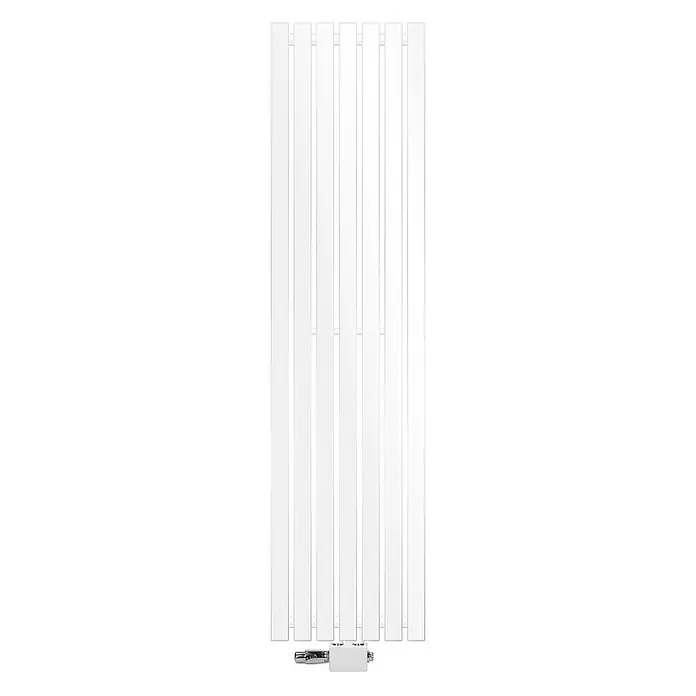 LuxeBath Badheizkörper Design Paneelheizkörper Handtuchwärmer mit Universal Thermostatventil - B x H: 37 x 140 cm, Weiß - Ein weißer, vertikaler Heizkörper mit mehreren Paneelen und einem Thermostatventil am unteren Ende. Ideal für moderne Badezimmer.
