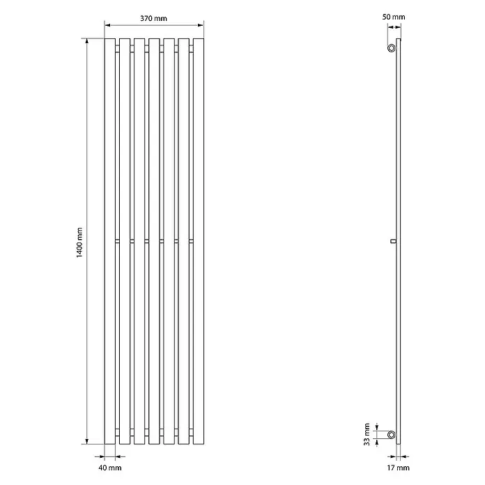 LuxeBath Badheizkörper Design Paneelheizkörper Handtuchwärmer mit Universal Thermostatventil - B x H: 37 x 140 cm, Weiß - Abbildung eines schlanken, vertikalen Heizkörpers mit mehreren Paneelen und Maßangaben für Breite, Höhe und Tiefe.