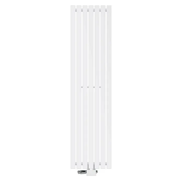 LuxeBath Badheizkörper Design Paneelheizkörper Handtuchwärmer mit Universal Thermostatventil - B x H: 37 x 140 cm, Weiß - Nahaufnahme eines vertikalen, weißen Heizkörpers mit mehreren Heizrippen und einem Thermostatventil am unteren Ende.