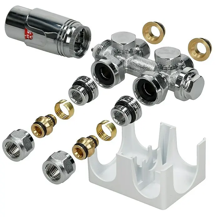LuxeBath Badheizkörper Design Paneelheizkörper Handtuchwärmer mit Universal Thermostatventil - B x H: 37 x 140 cm, Weiß - Bild von einem Heizkreisverteiler-Set mit verschiedenen Komponenten, inklusive Verteiler, Thermostatkopf und Anschlüssen.