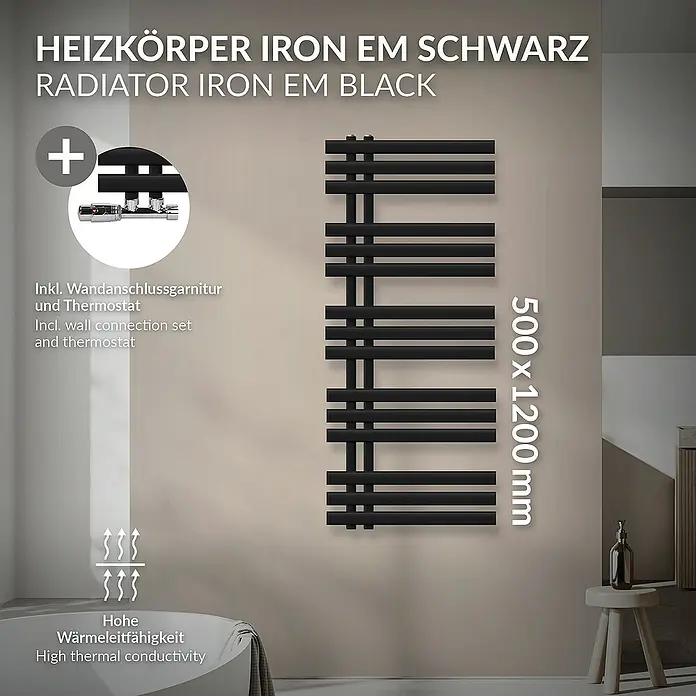 LuxeBath Badheizkörper Design Handtuchheizkörper Handtuchwärmer mit Eckform Thermostatventil - B x H: 50 x 120 cm, Schwarz - Abbildung eines schwarzen Heizkörpers „Iron EM“ mit hoher Wärmeleitfähigkeit und Thermostat, geeignet für jedes Badezimmer.