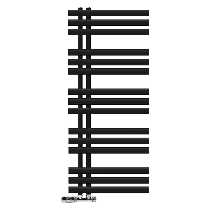 LuxeBath Badheizkörper Design Handtuchheizkörper Handtuchwärmer mit Eckform Thermostatventil - B x H: 50 x 120 cm, Schwarz - Schwarzer Badheizkörper mit horizontalen Heizrohren, verbunden durch vertikale Säulen, für ein modernes Badezimmerdesign.