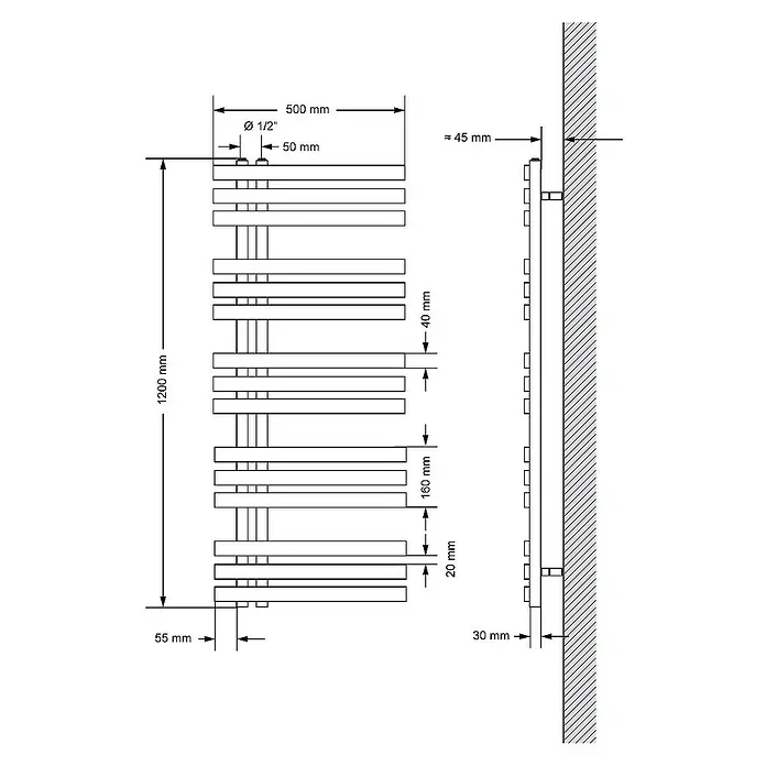 LuxeBath Badheizkörper Design Handtuchheizkörper Handtuchwärmer mit Eckform Thermostatventil - B x H: 50 x 120 cm, Schwarz - Detaillierte Abbildung eines Heizkörpers mit Maßangaben, einschließlich Gesamtlänge, Durchmesser und Abständen zur Wand für Installationszwecke.